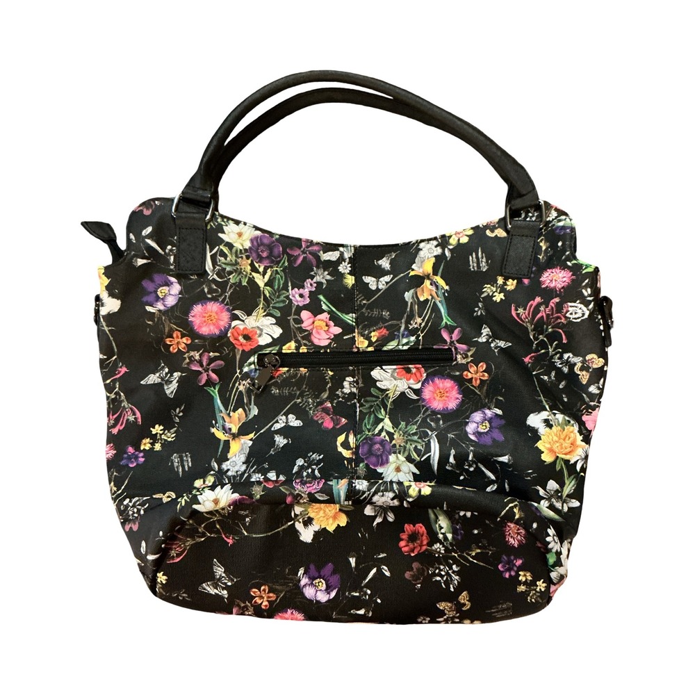 Realer Floral Butterfly Black Faux Leather Hobo Tote Shoulder Bag with Pouch - Picture 6 of 9